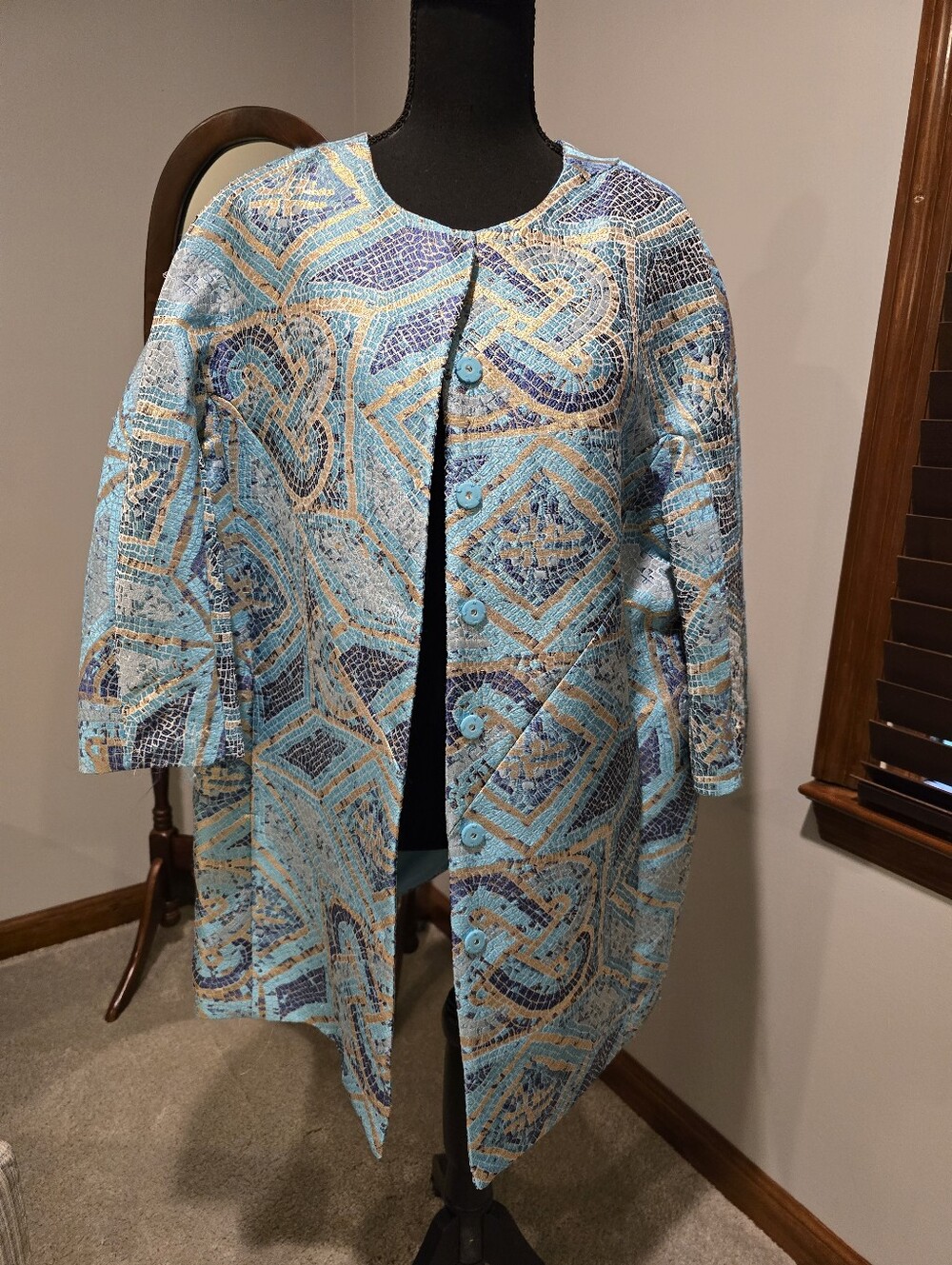 CHICO'S Textured Mosaic Print Blue Button-Front Coat. SIZE 3!